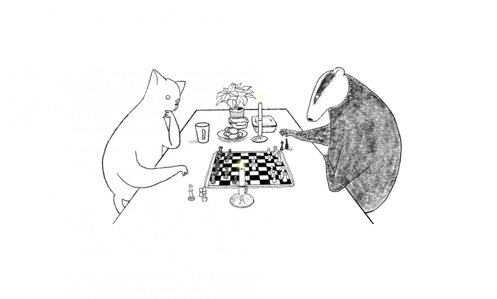 Teckning med katt och grävling spela schack