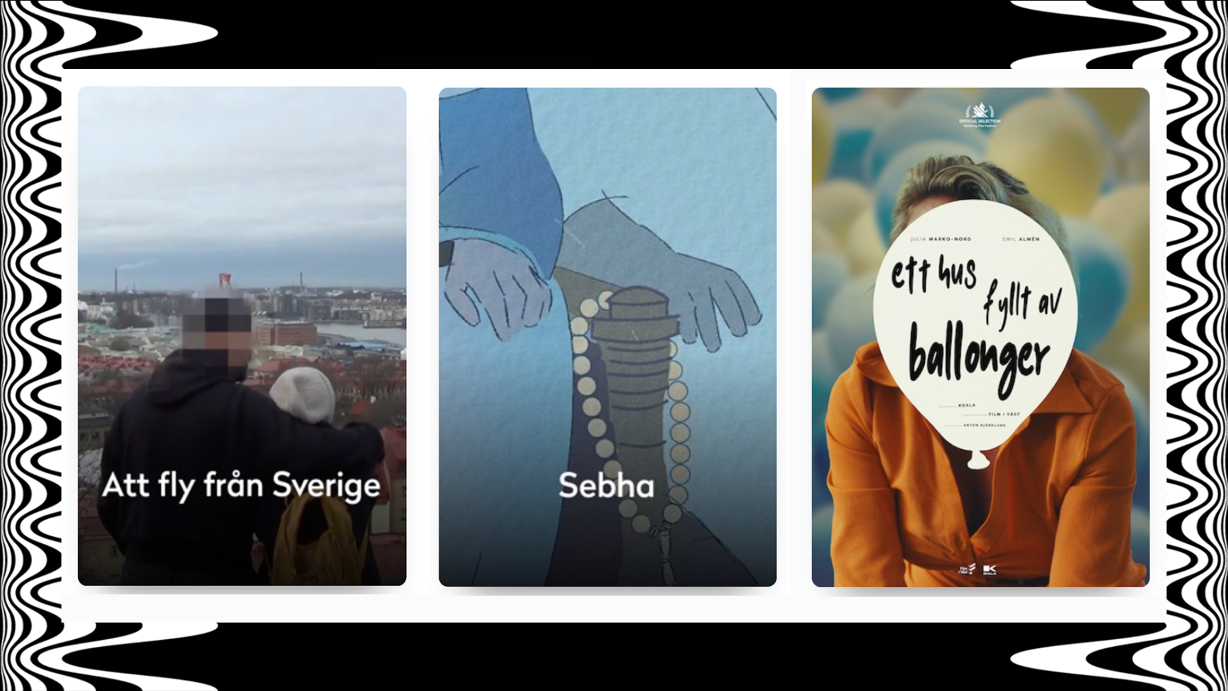 stillbilder som posers för tre filmer. En son håller om sin mor. Ett radband. En mans ansikte döljs av ballong.