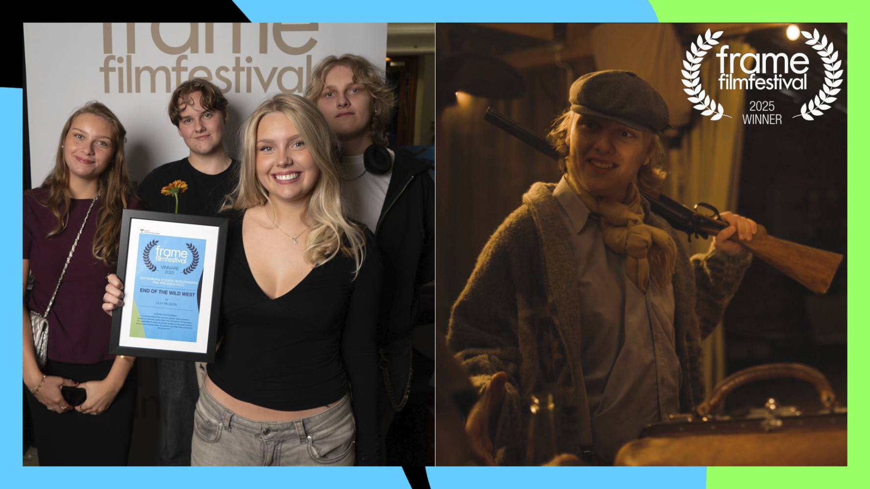 Grupp unge med diplom. Man i westernkläder och gevär.