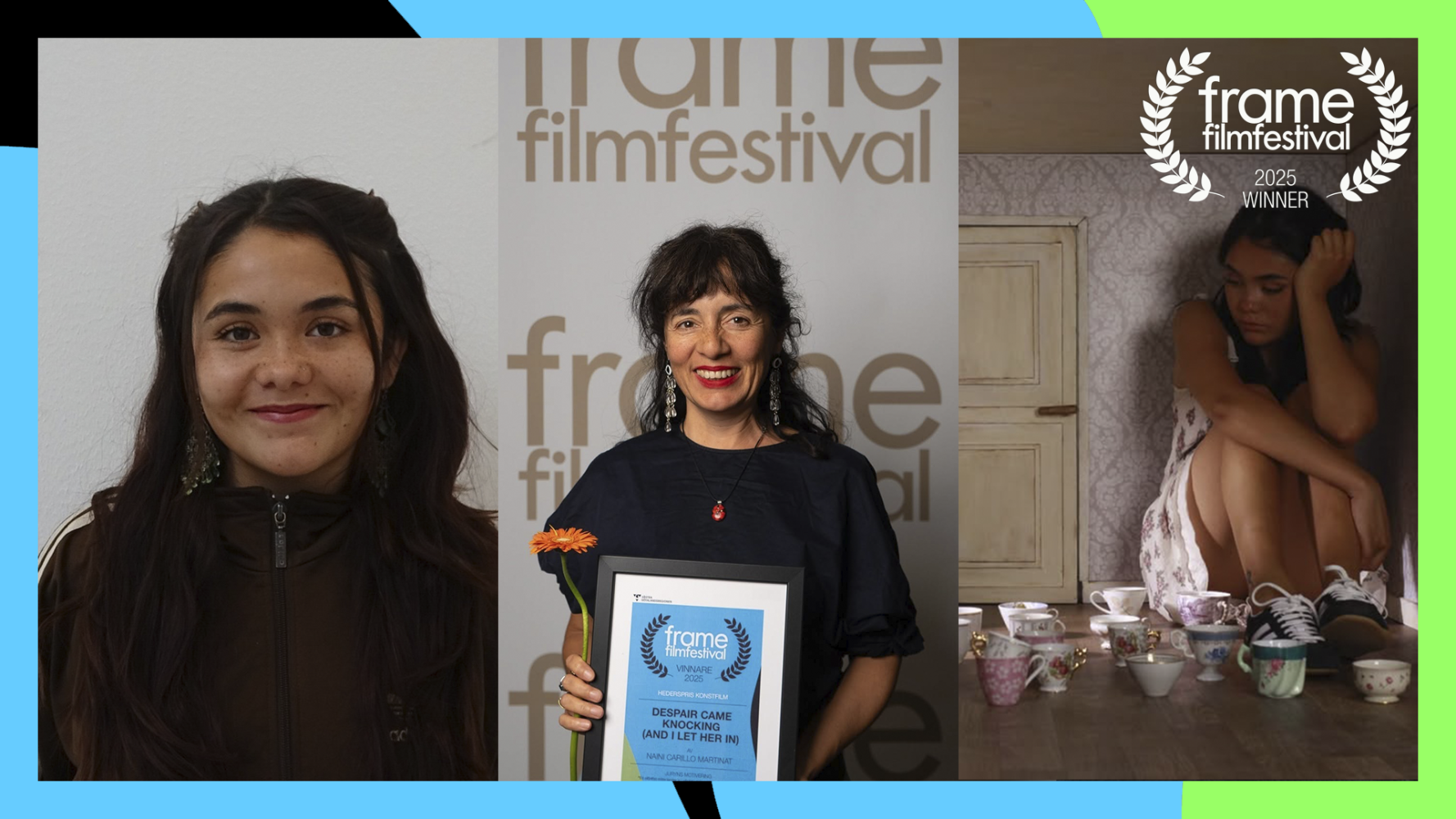 Kvinna med diplom och ung tje i överdrivet litet rum