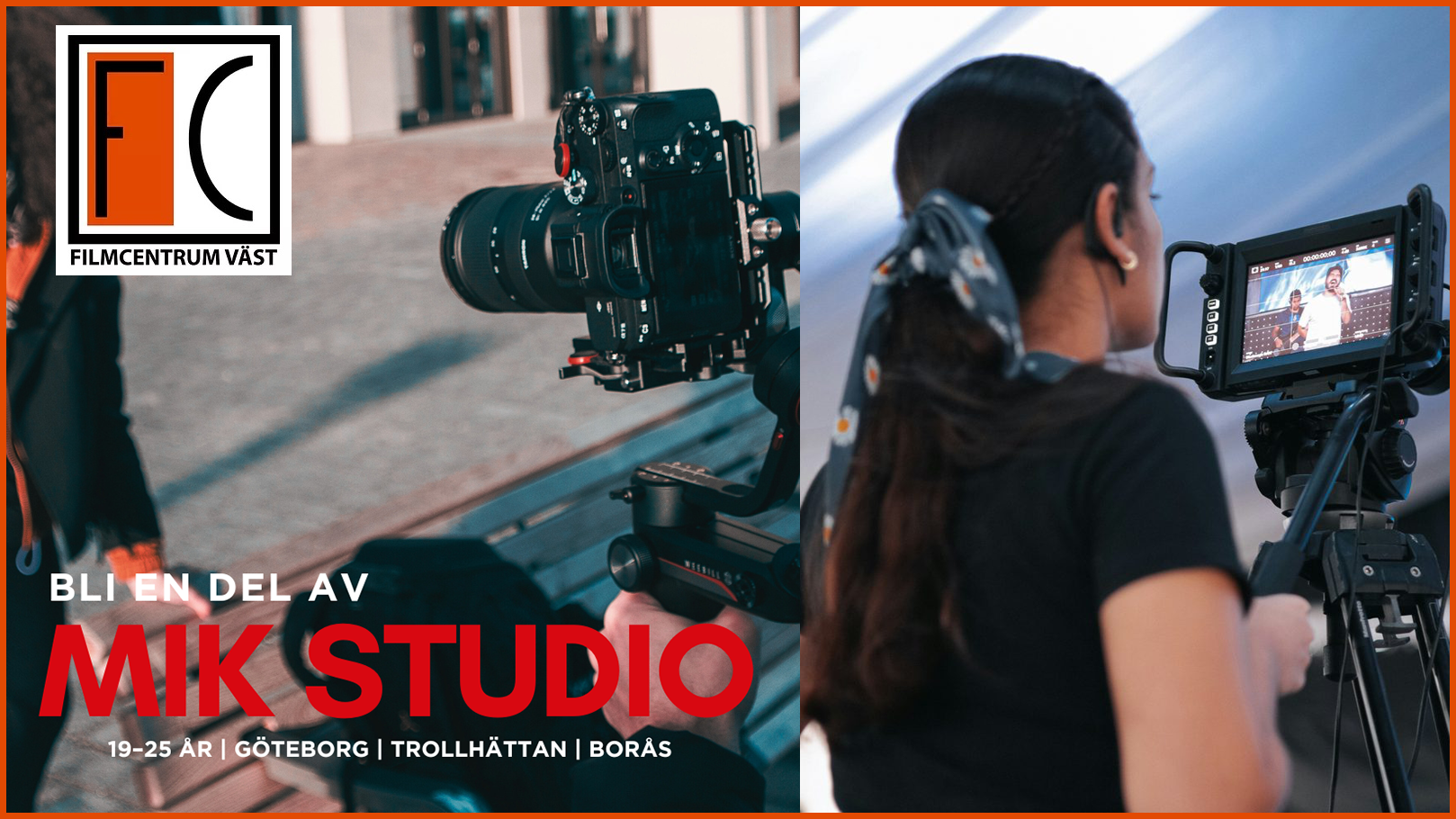 Kamer på stativ, ung kvinna filmar.