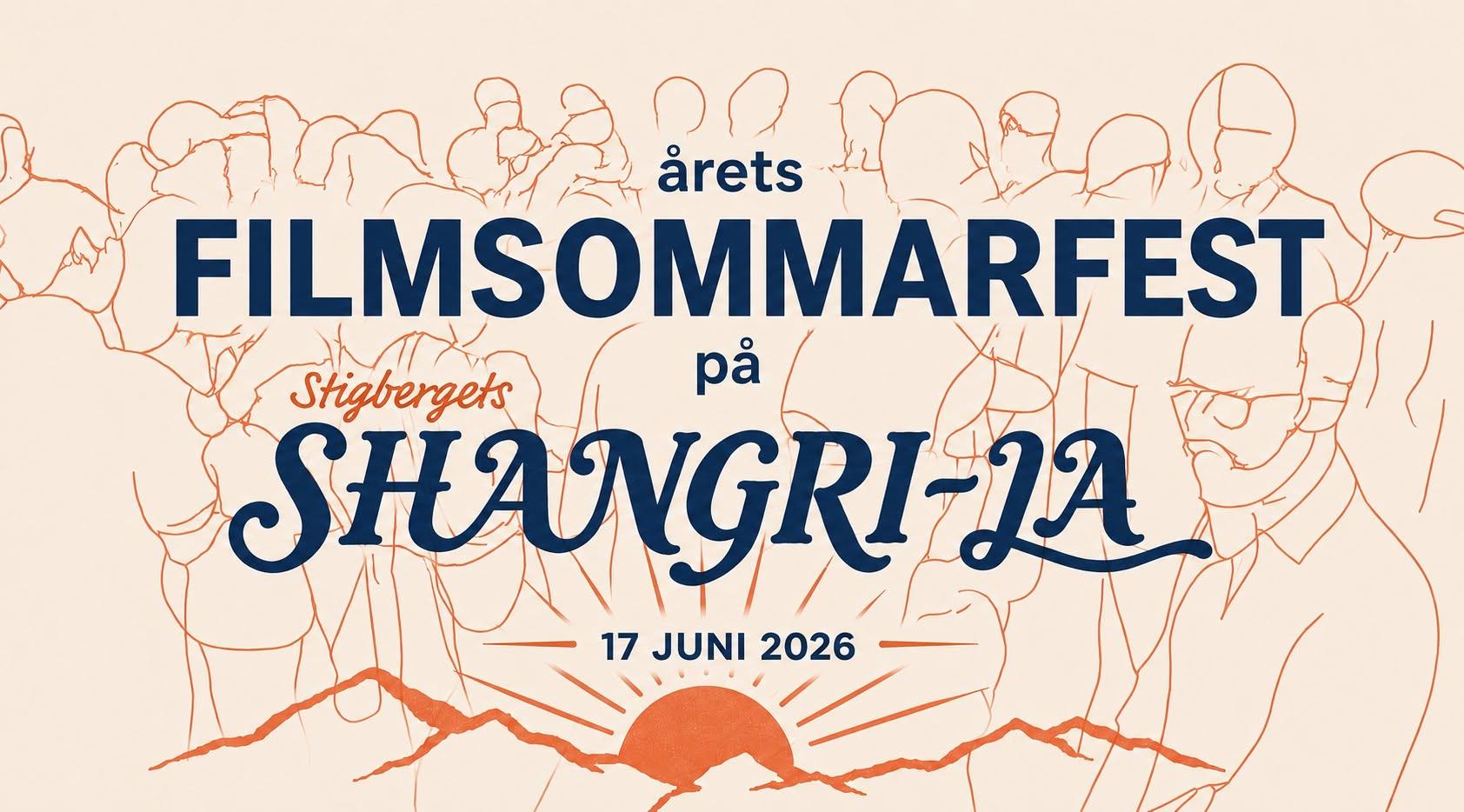 Teckninga av människor som minglar med text Årets Filmsommsrfest på Shangri-La