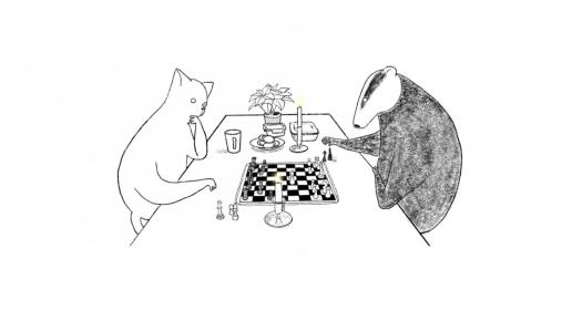 Teckning med katt och grävling spela schack