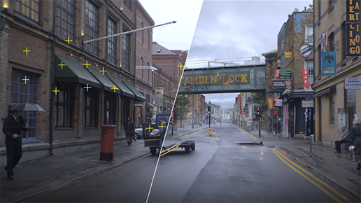 Äldre gata i London i splitscreen med gata i Västra Götaland 