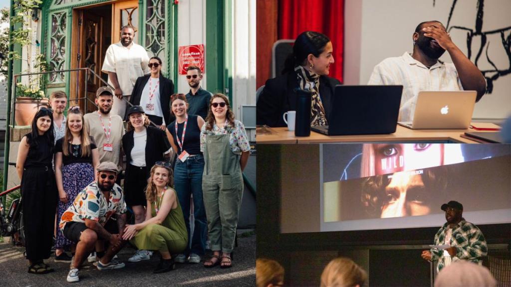 Unda filmare uppställda på trappa. En man pitchar inför publik