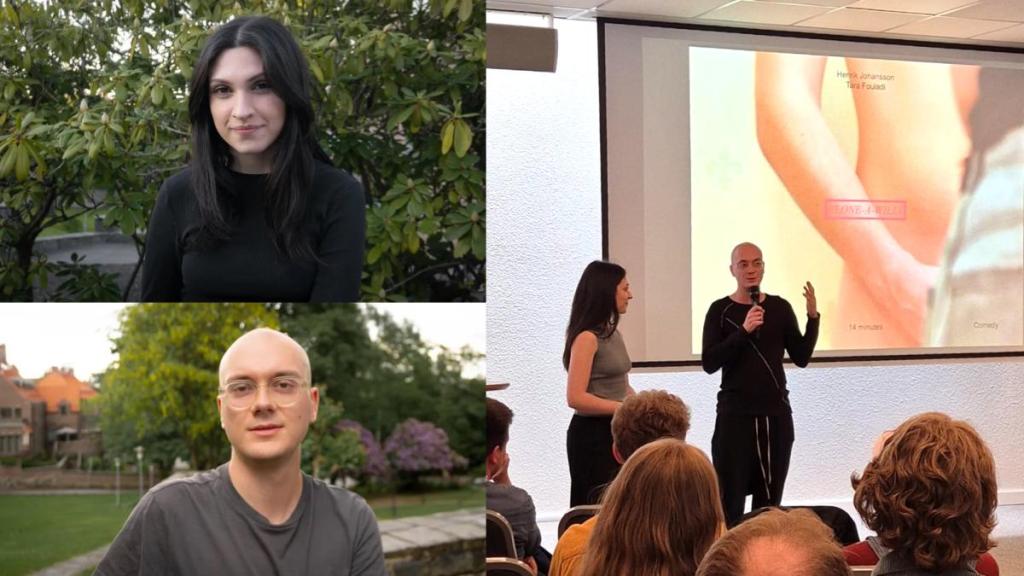 En man och en kvinna presenterar framför projektor duk. Tar och Henrik porträtt i grönska.